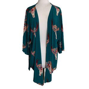 Teal Floral Skull Open-Front Kimono Cardigan - Women